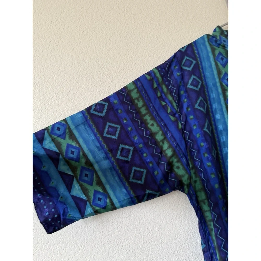 Sante Classics Women M Blue Green Geometric Print Button Front Long Dress Zipper